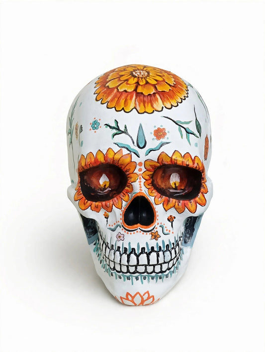 Marigold Skull Heykel- Dia de Los Muertos Pop Art Kurukafa Dekor